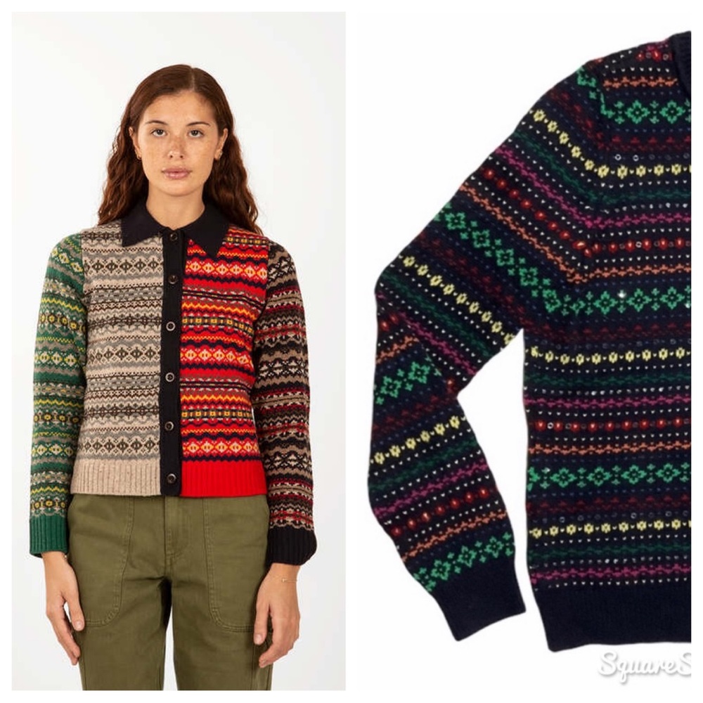 TALBOTS Fair Isle Clear Sequin Knit Striped Pattern Wool Navy Cardigan B…